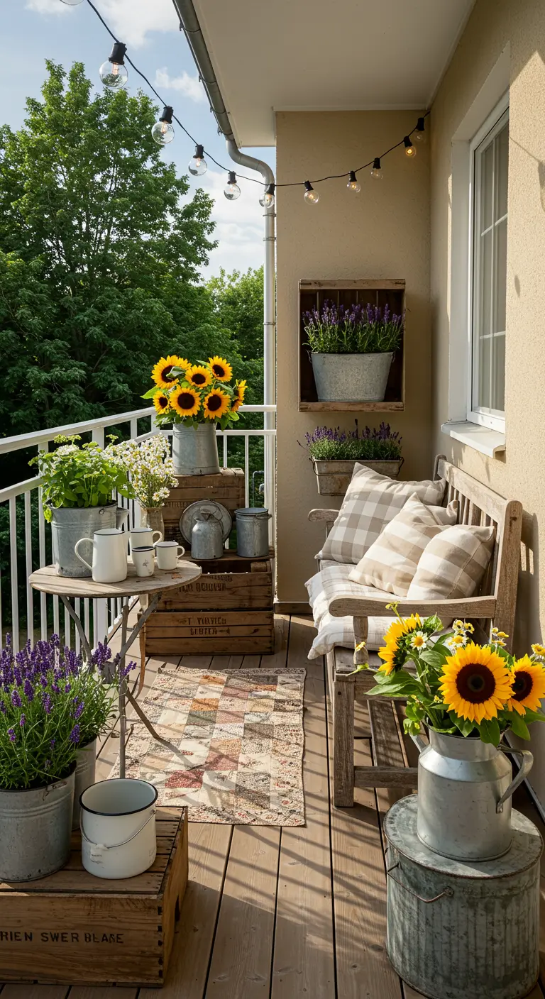 Balkon met rustieke houten bank, zinken potten vol zonnebloemen en lavendel, en fruitkisten.