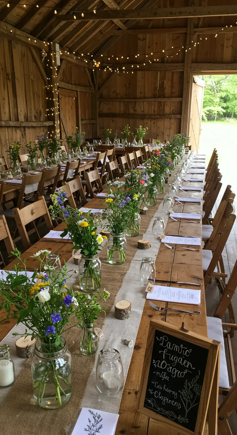 Rustieke schuursetting met lange houten tafels, veldbloemen in potjes en een krijtbord menu.