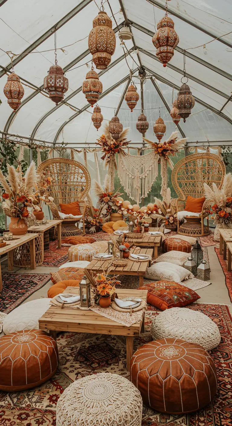 Boho feeststyling in een kas met lage tafels, kussens en lampionnen.