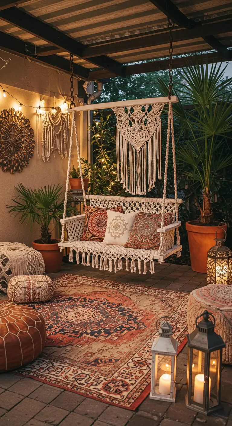Macrame schommelbank met bohemian kussens, vloerkleed, lichtslingers en lantaarns buiten.
