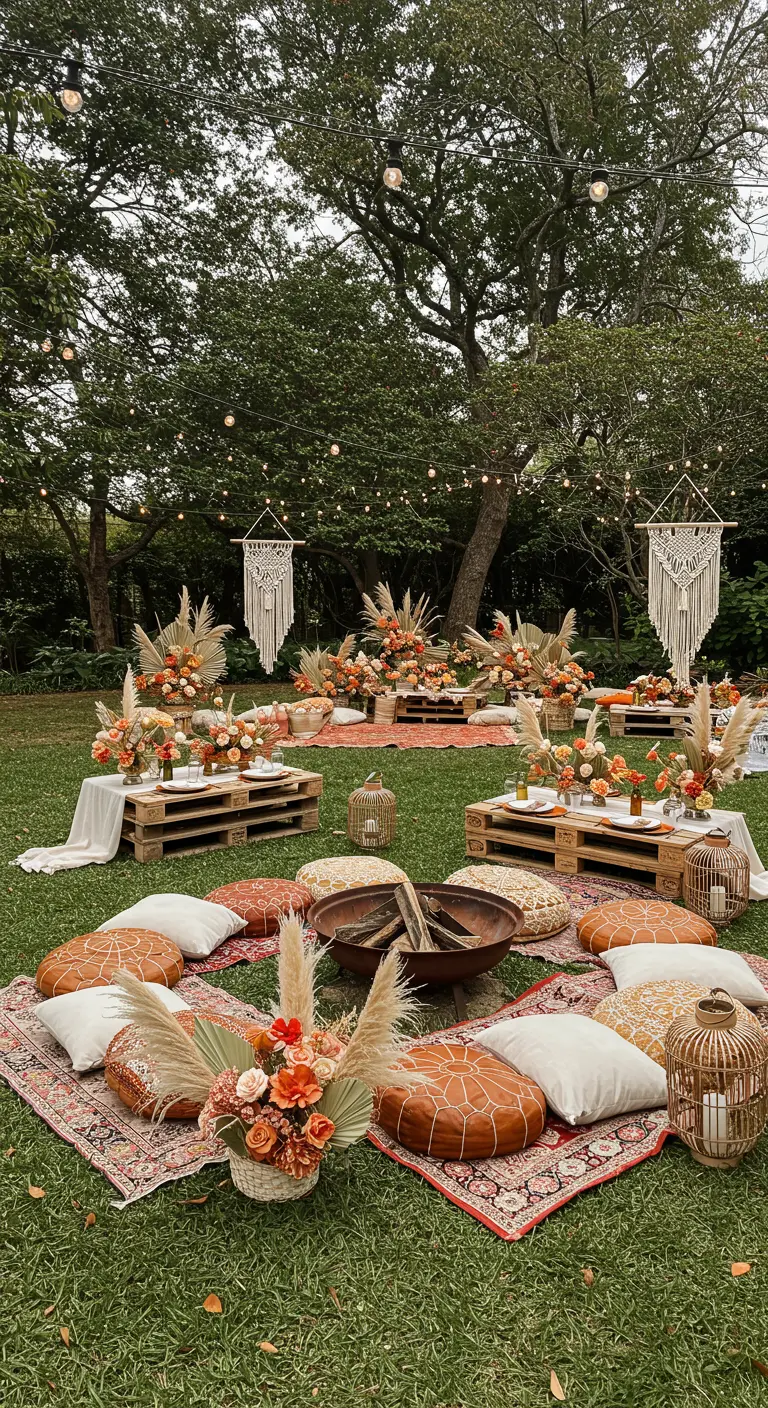 Lage boho tafels met kussens, macramé en oranje bloemen onder lichtslingers in een tuin.