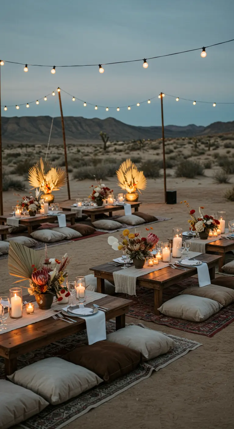 Lage tafels in woestijnlandschap met kussens, bloemen en sfeerverlichting.