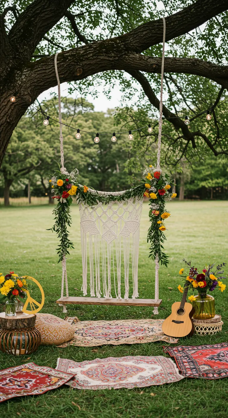 Bohemian tuinschommel met macramé, bloemen, kussens, tapijten, gitaar en sfeerlichten.