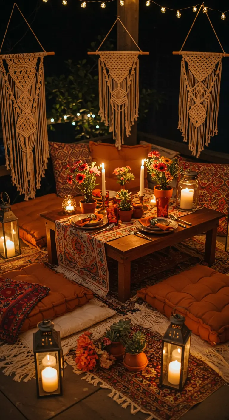 Boheemse vloersetting met lage tafel, kussens, veel kaarsen en macramé decoraties.