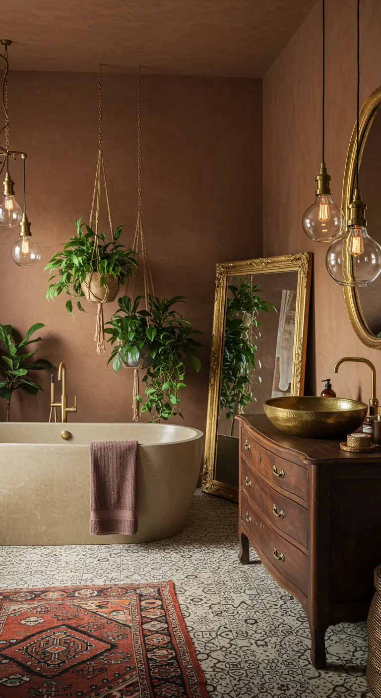 Boheemse badkamer met terracotta muren, vintage dressoir, gouden waskom en planten.