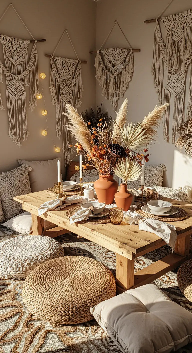 Lage boheemse tafel met vloerkussens, macramé en gedroogde bloemen.