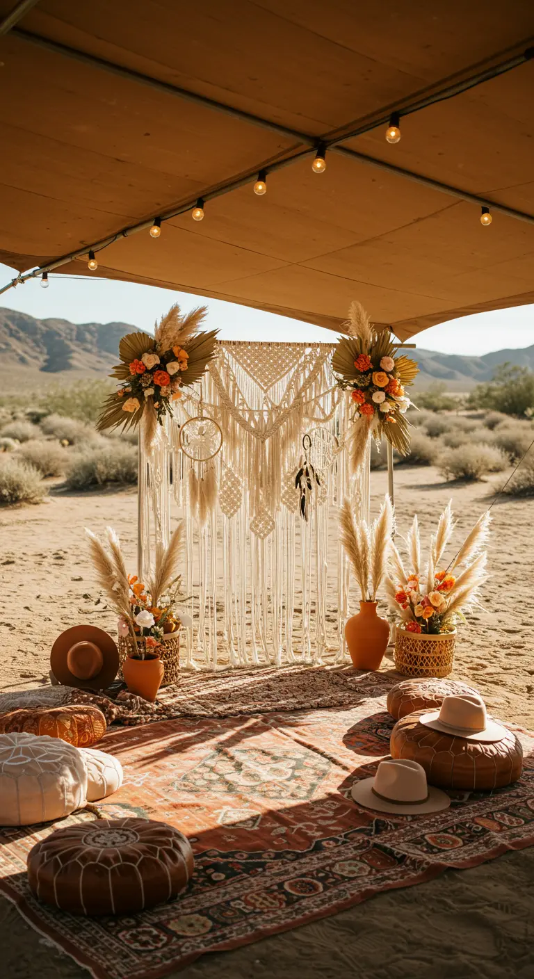 Bohemian woestijn photobooth met macramé, pampasgras, bloemen, kussens, tapijten en hoeden.