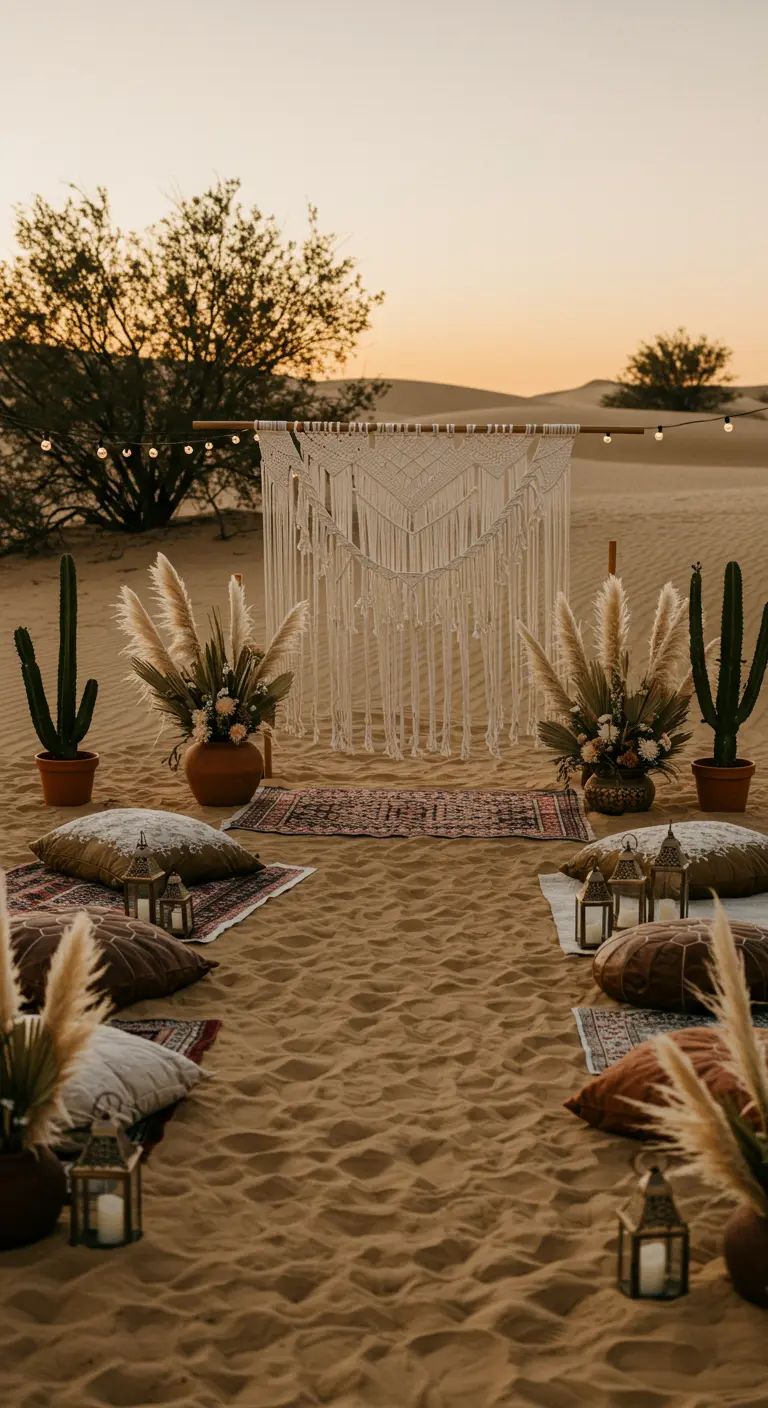 Woestijnceremonie met macramé, pampasgras, cactussen, kussens en lantaarns bij zonsondergang.
