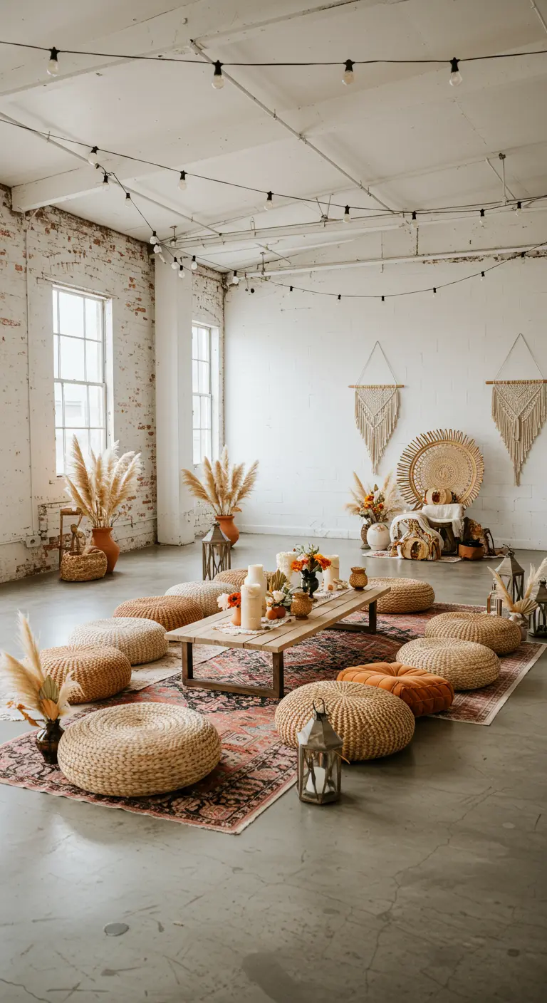 Ruime zaal met lage houten tafels, zitkussens, vloerkleden en pampasgras decoraties.