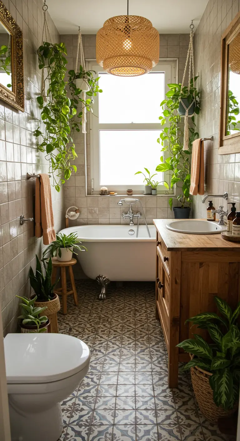 Bohemian badkamer met veel hangplanten, patroontegels en een vrijstaand bad.