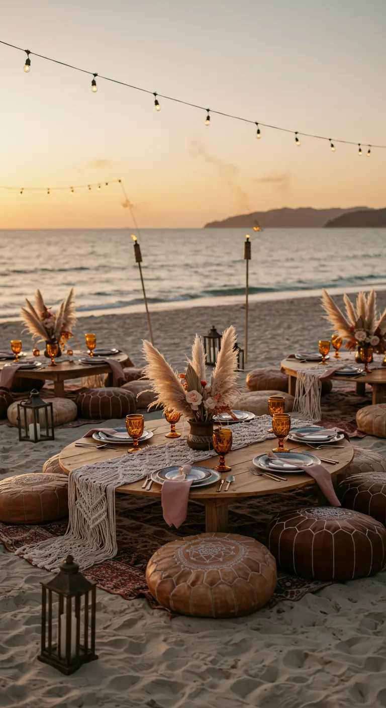 Bohemian strandbruiloft met lage ronde tafels, kussens, pampasgras en lichtslingers.