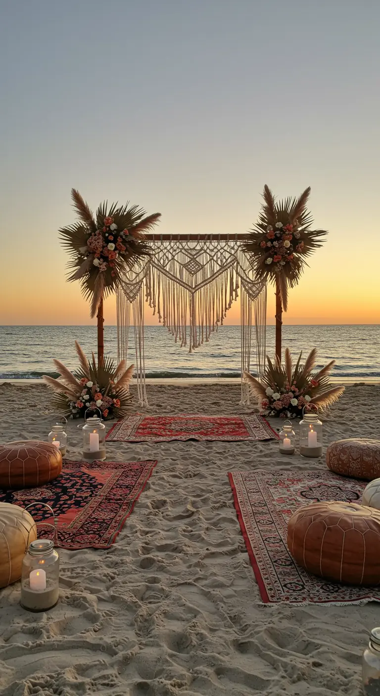 Bohemian strandceremonie met macramé backdrop, pampasgras, tapijten en kaarsen bij zonsondergang.