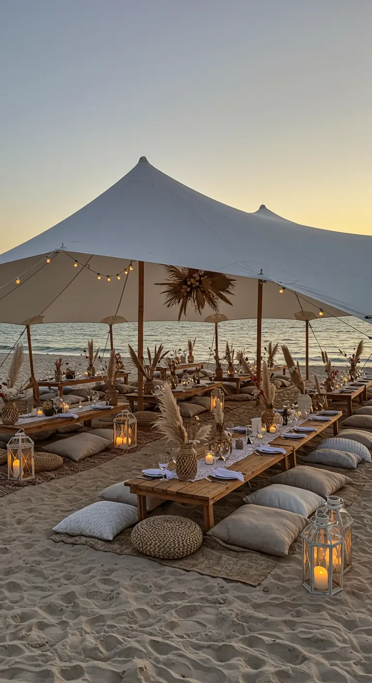 Bohemian strandbruiloft met lage tafels, linnen kussens en droogbloemen.