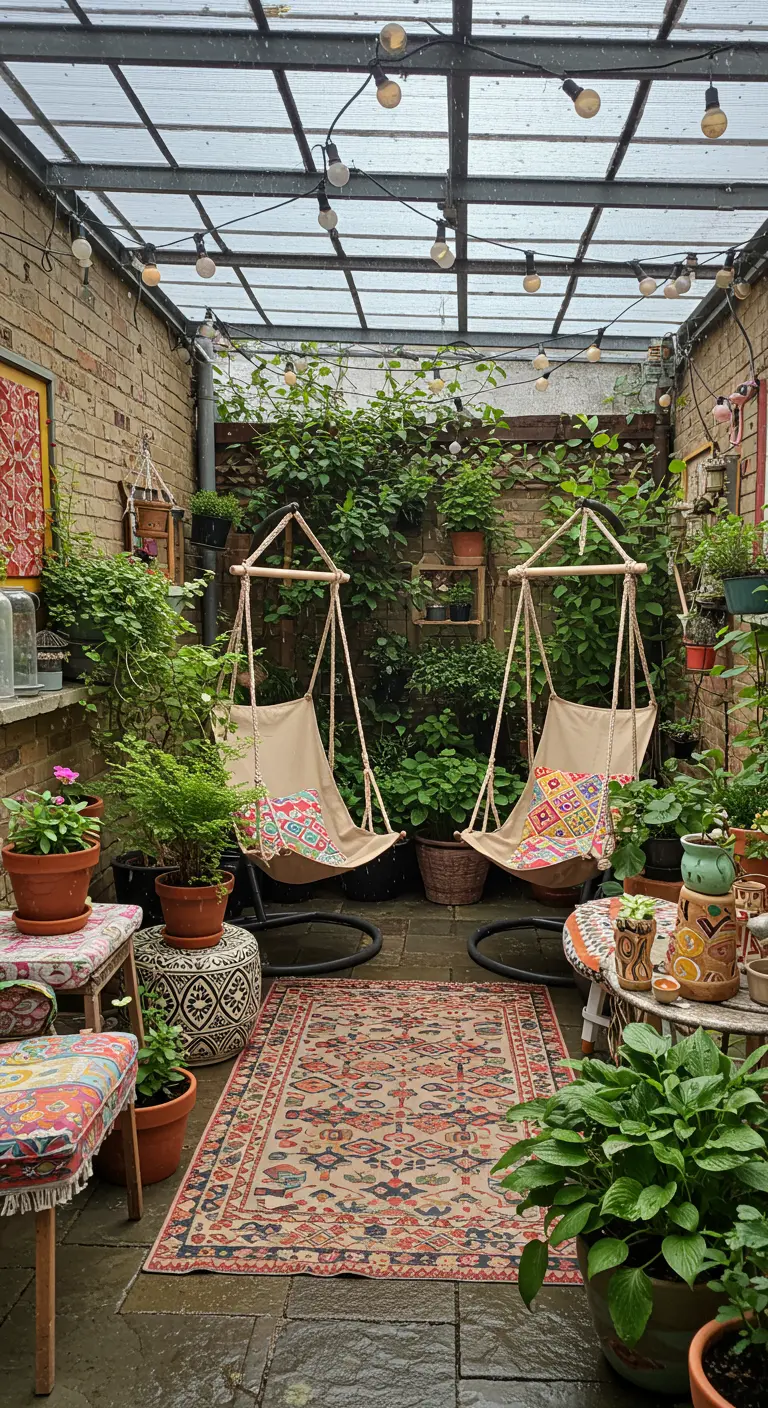 Twee canvas hangstoelen op een overdekte, groene binnenplaats met Perzisch tapijt en veel planten.