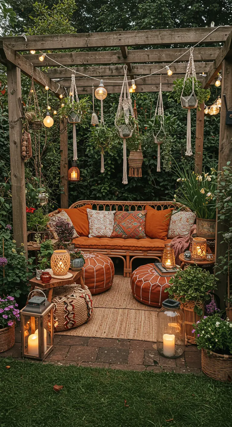 Bohemian pergola met rotan bank, poefs, macramé plantenhangers, lichtslingers en veel lantaarns.