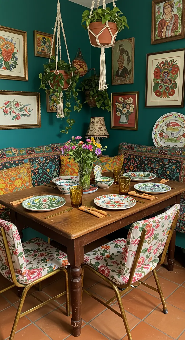Bohemian eethoek met kleurrijk gedessineerd servies en veel planten.