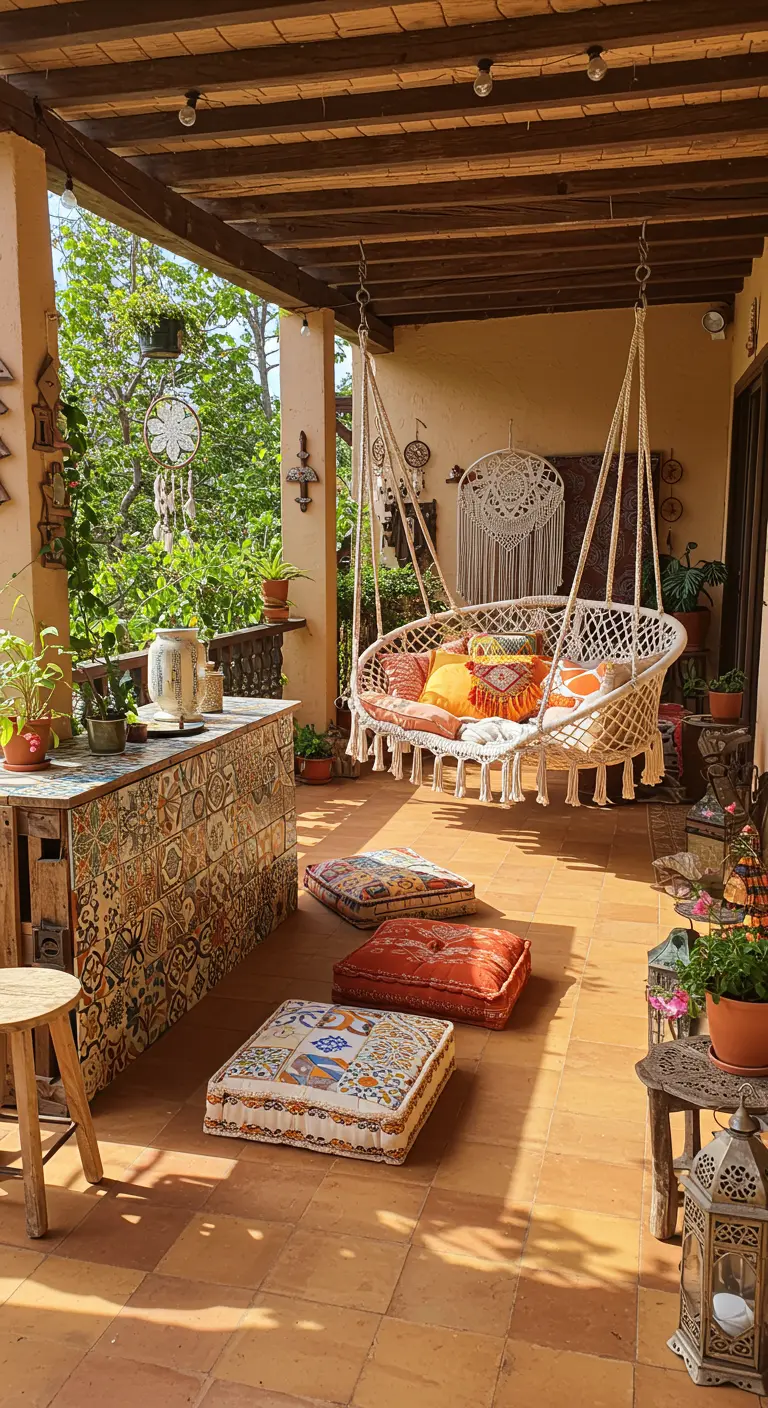 Bohemian veranda met mozaïek bar, macramé hangbank en kleurrijke kussens.