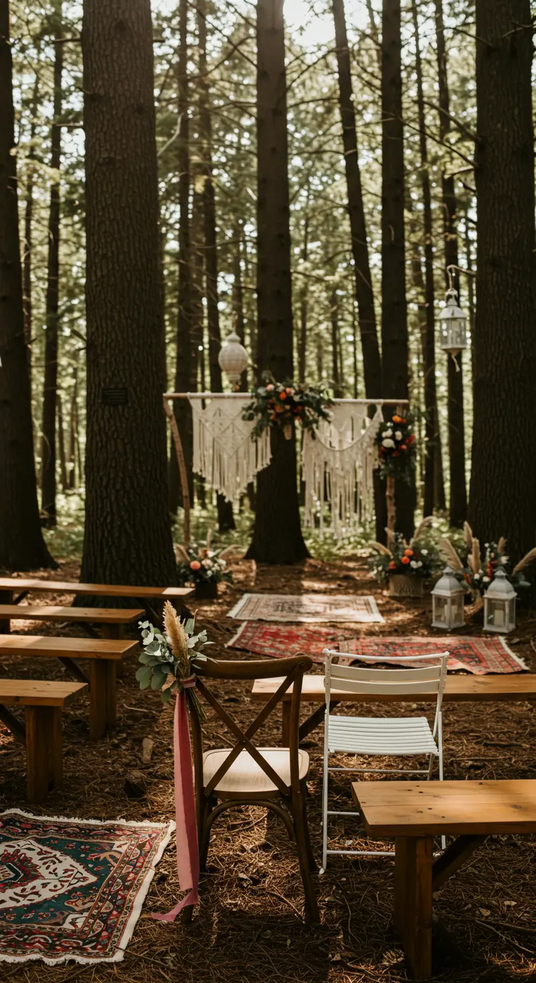 Houten stoel in het bos met roze lint, pampasgras en bloemen, Perzische tapijten op de grond.