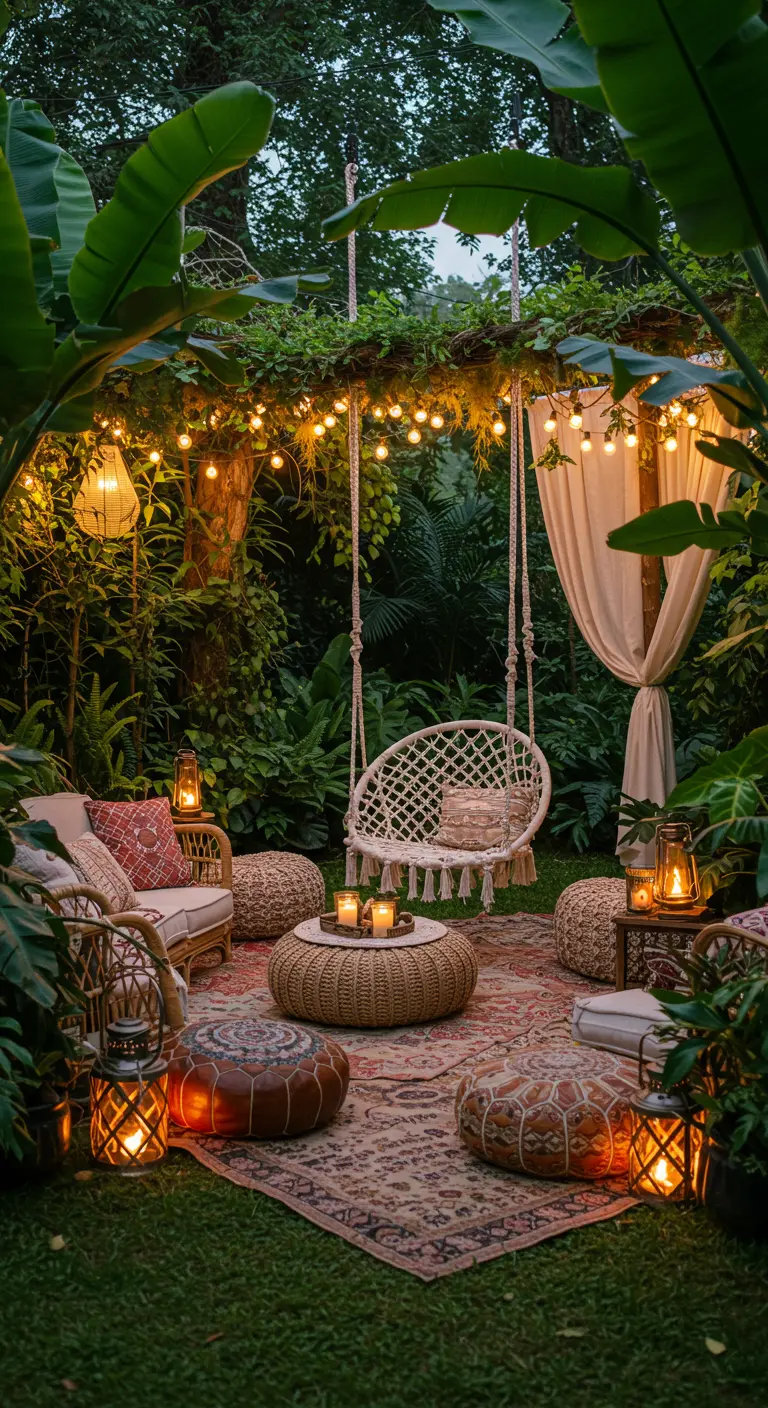 Boho-stijl buitenlounge met macramé hangstoel, lichtsnoeren, rotan meubels en vloerkleed.