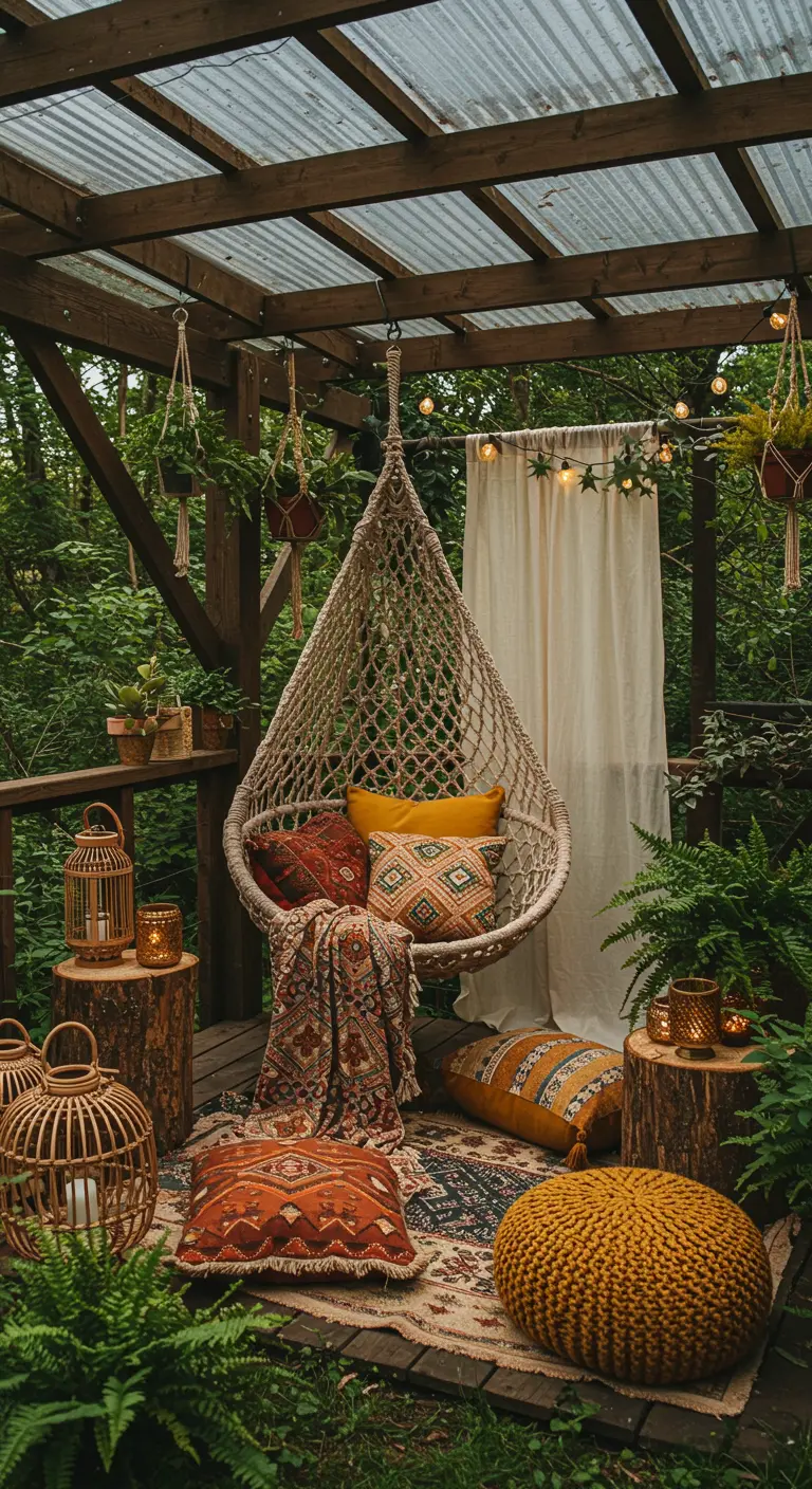 Bohemian hangstoel met kleurrijke kussens onder een houten pergola met lichtslingers en planten, omringd door poefs en lantaarns.