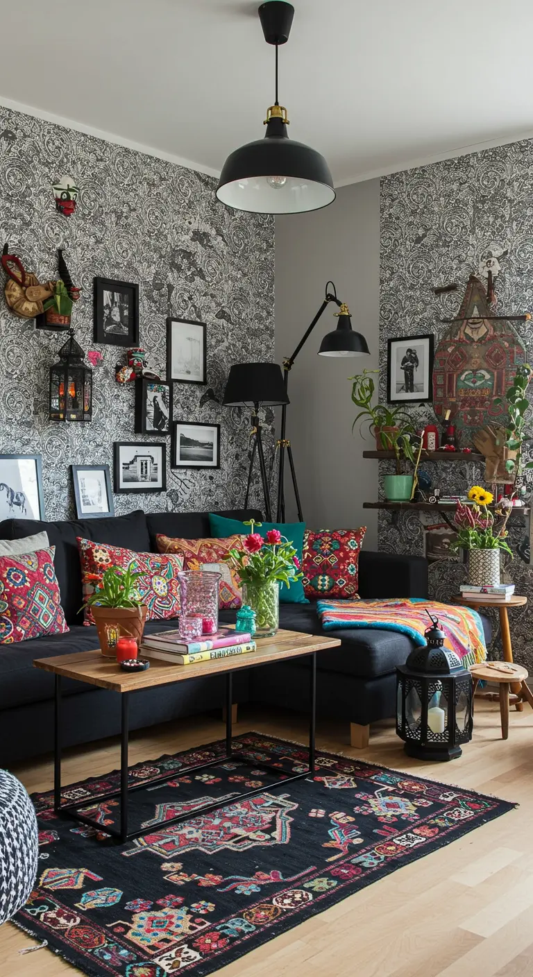 Bohemian woonkamer met donker patroonbehang, zwarte bank, kleurrijke kussens en etnisch kleed.