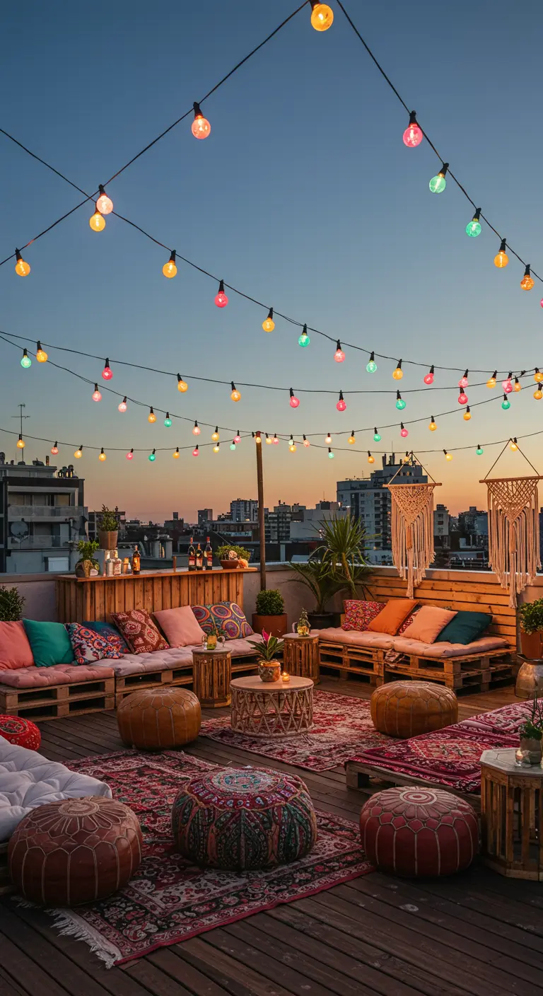 Bohemian dakterras met gekleurde lichtslingers, palletbanken en kleden.