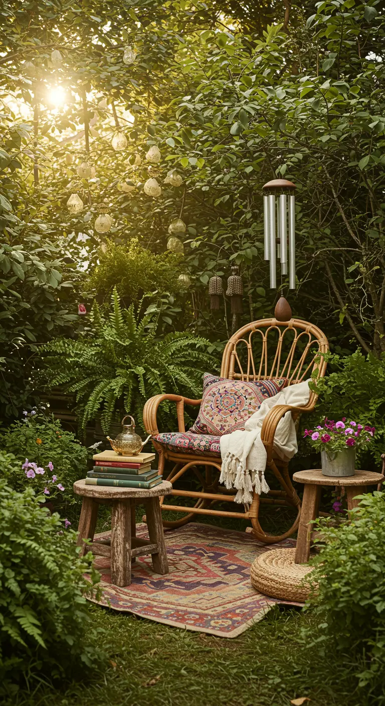 Rotan schommelstoel met kussen en plaid in een groene, weelderige tuin met lampionnen.