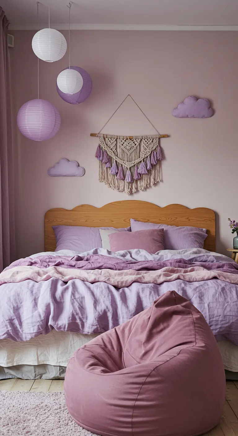 Lila slaapkamer met houten hoofdbord, macrame wandkleed, papieren lampionnen en roze zitzak.