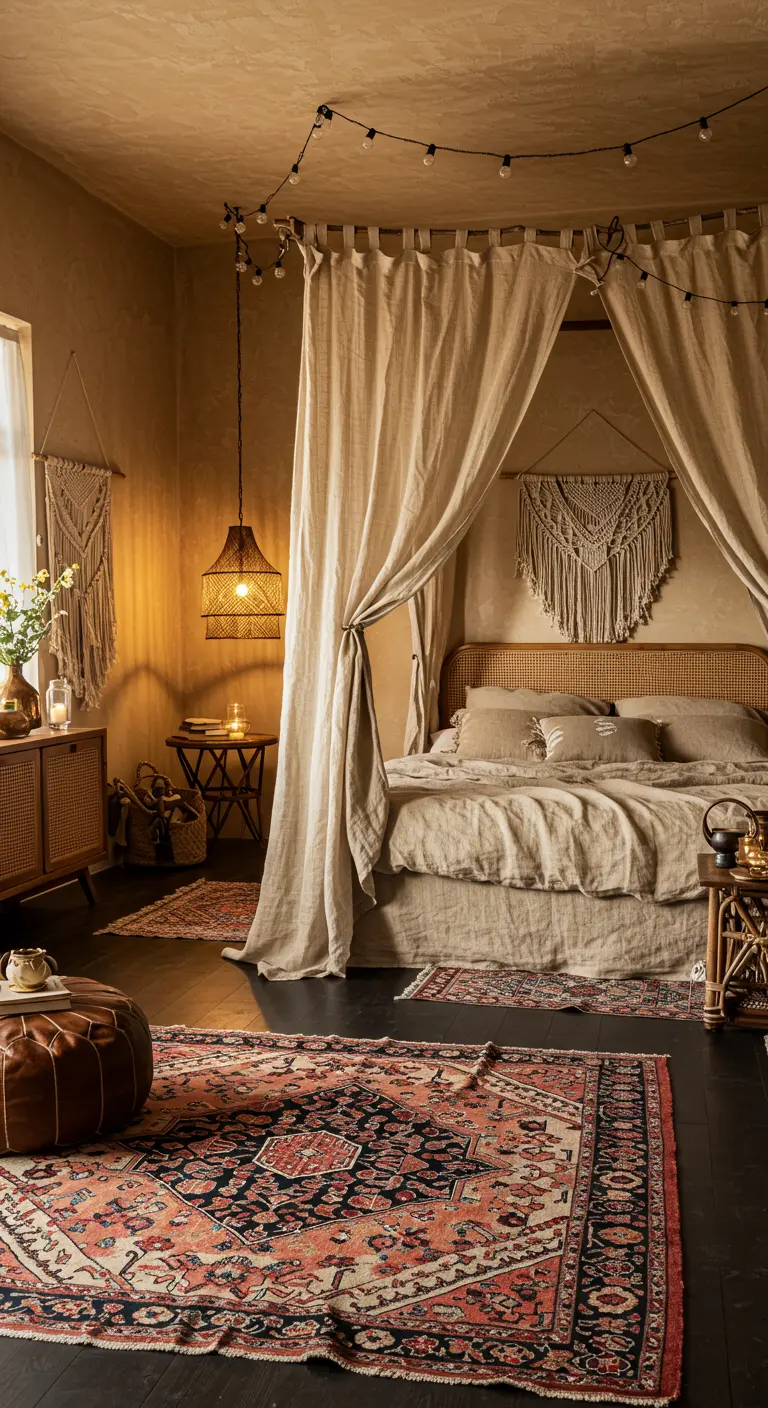 Bohemian slaapkamer met warme beige muren, hemelbed, Perzische tapijten, string lights en macramé.