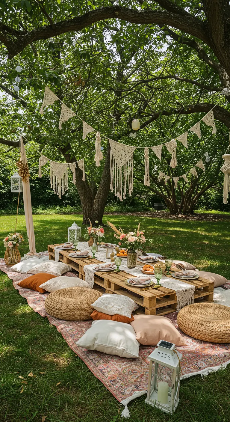 Buiten picknick met macramé vlaggenlijnen, pallettafels, kussens onder een boom.
