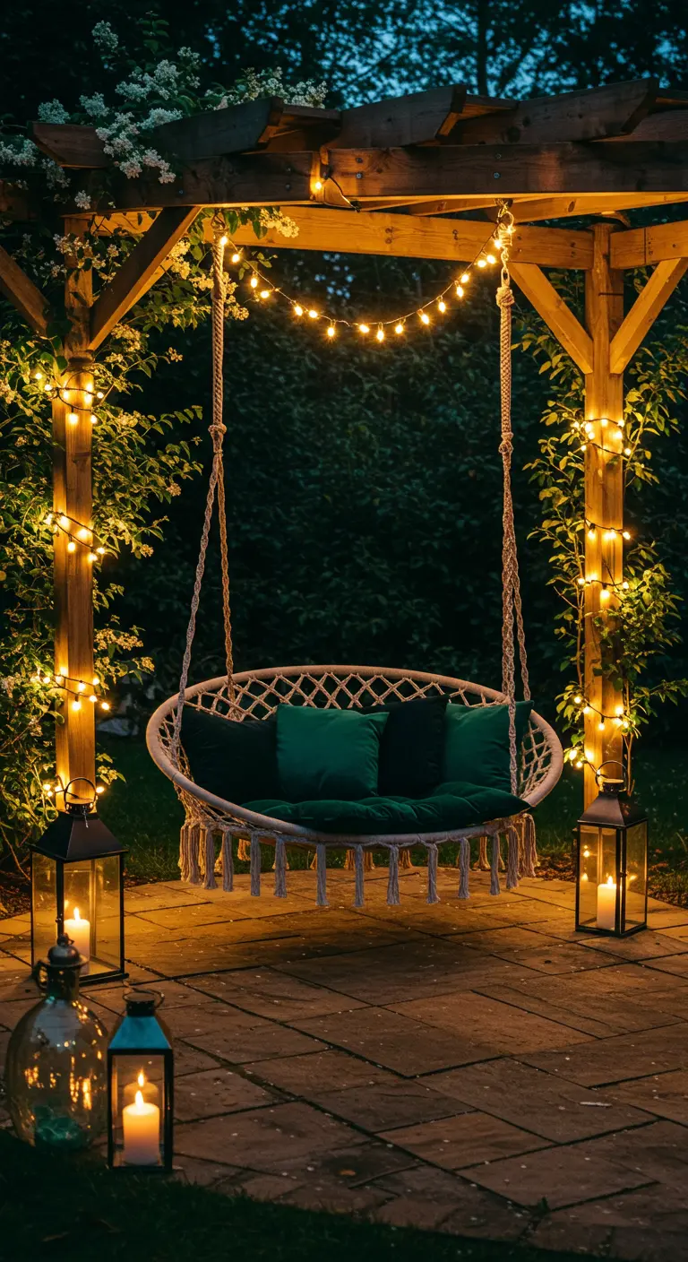 Witte macramé hangstoel onder pergola met lichtslingers en kaarslantaarns.