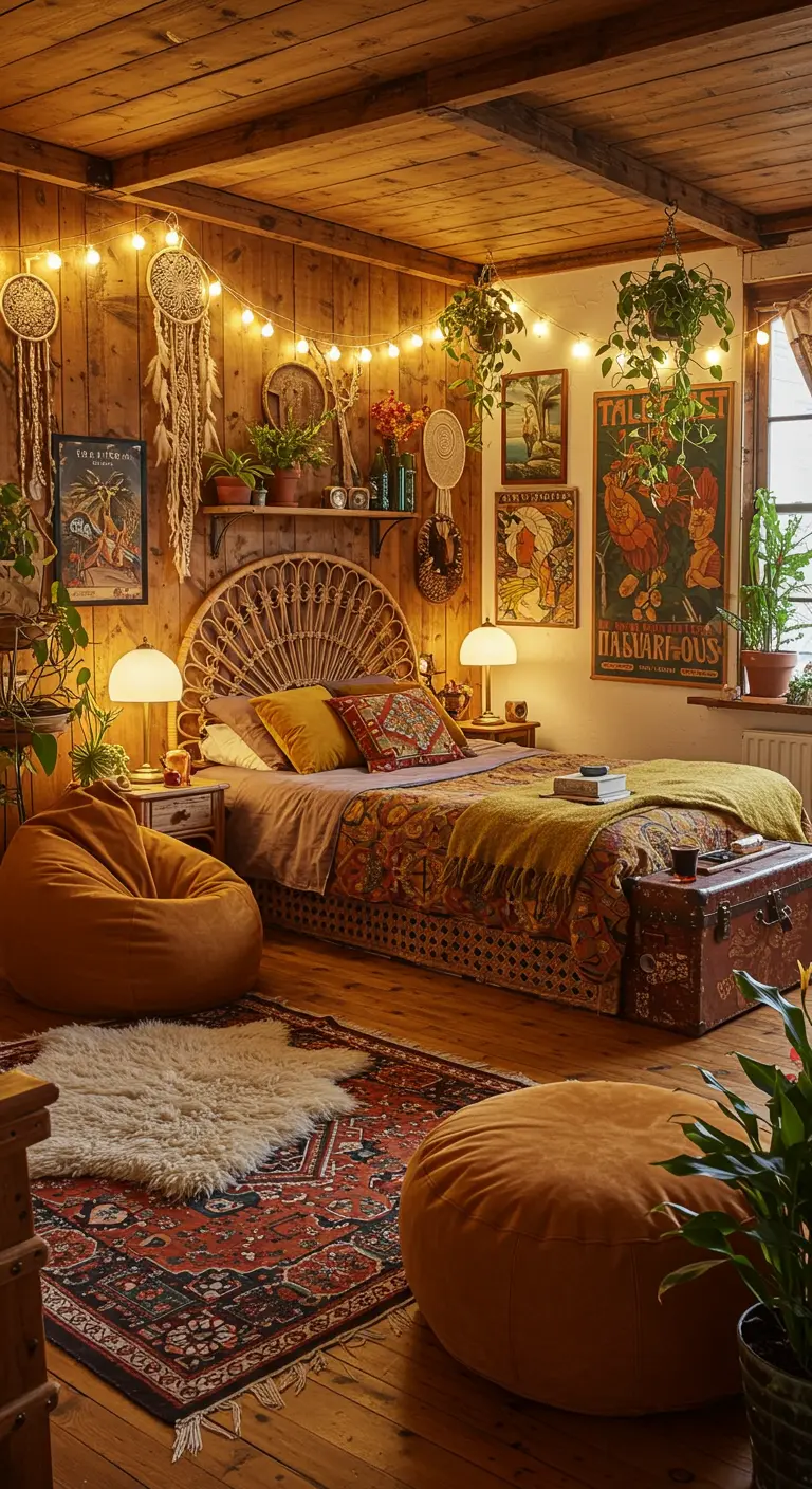 Knusse boho slaapkamer met houten accenten, veel planten, dromenvangers en sfeerverlichting.