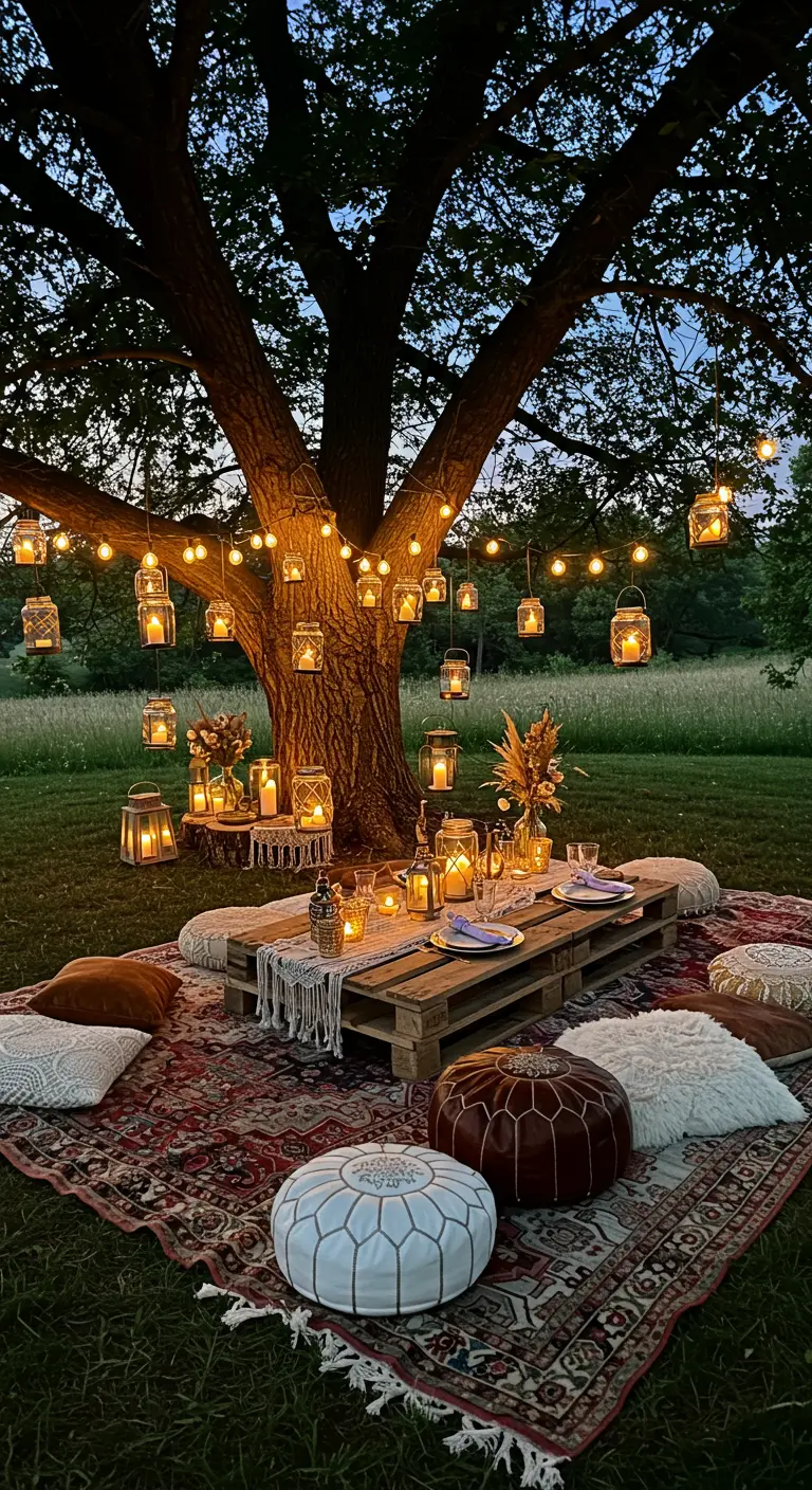 Bohemian tuindiner met pallettafel, kussens en lampionnen in boom.