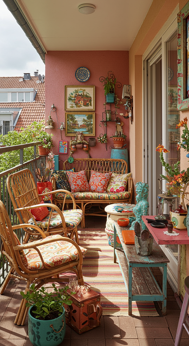 Kleurrijk, eclectisch balkon met rotan meubels, roze muur en veel decoratieve objecten.