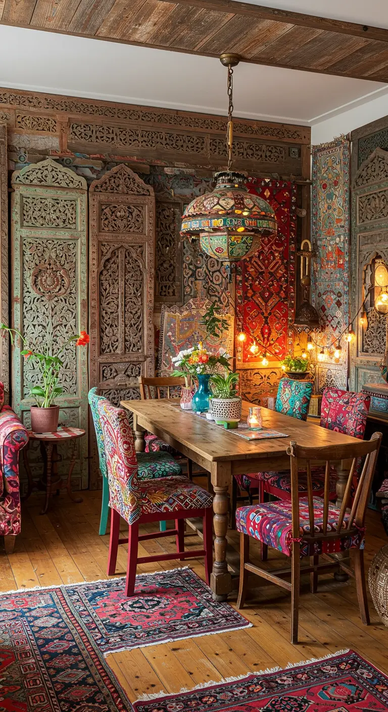 Bohemian eetkamer met kleurrijke, bewerkte houten wandpanelen en eclectische meubels.