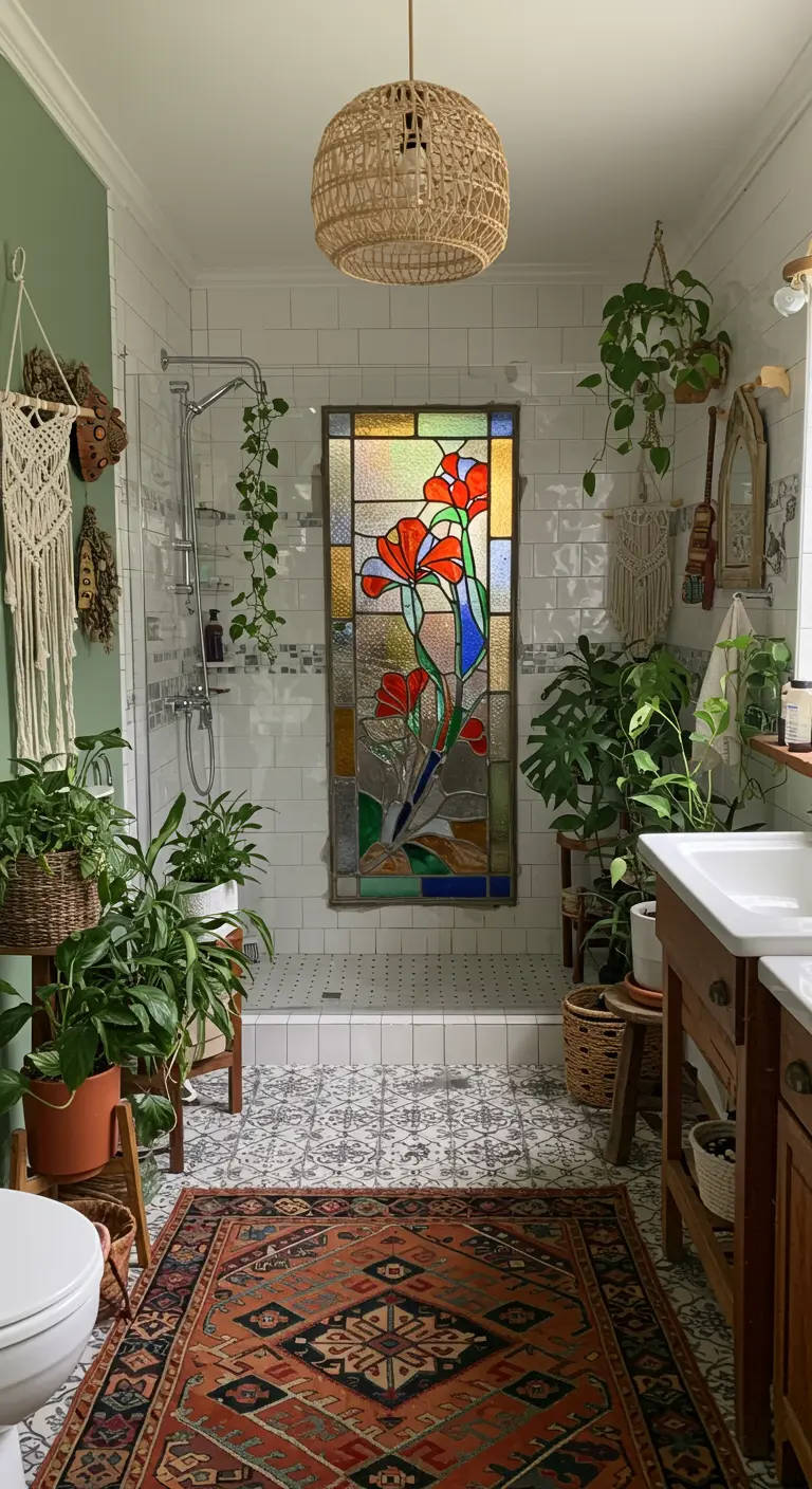 Bohemian badkamer met planten en een glas-in-lood raam als douchewand.