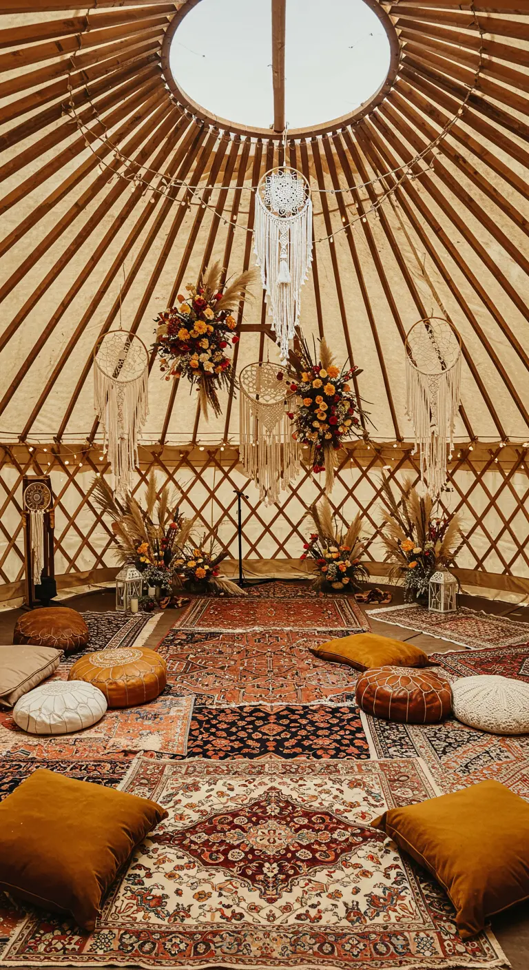 Bohemian trouwceremonie in yurt met Perzische tapijten, kussens, dromenvangers en pampasgras.