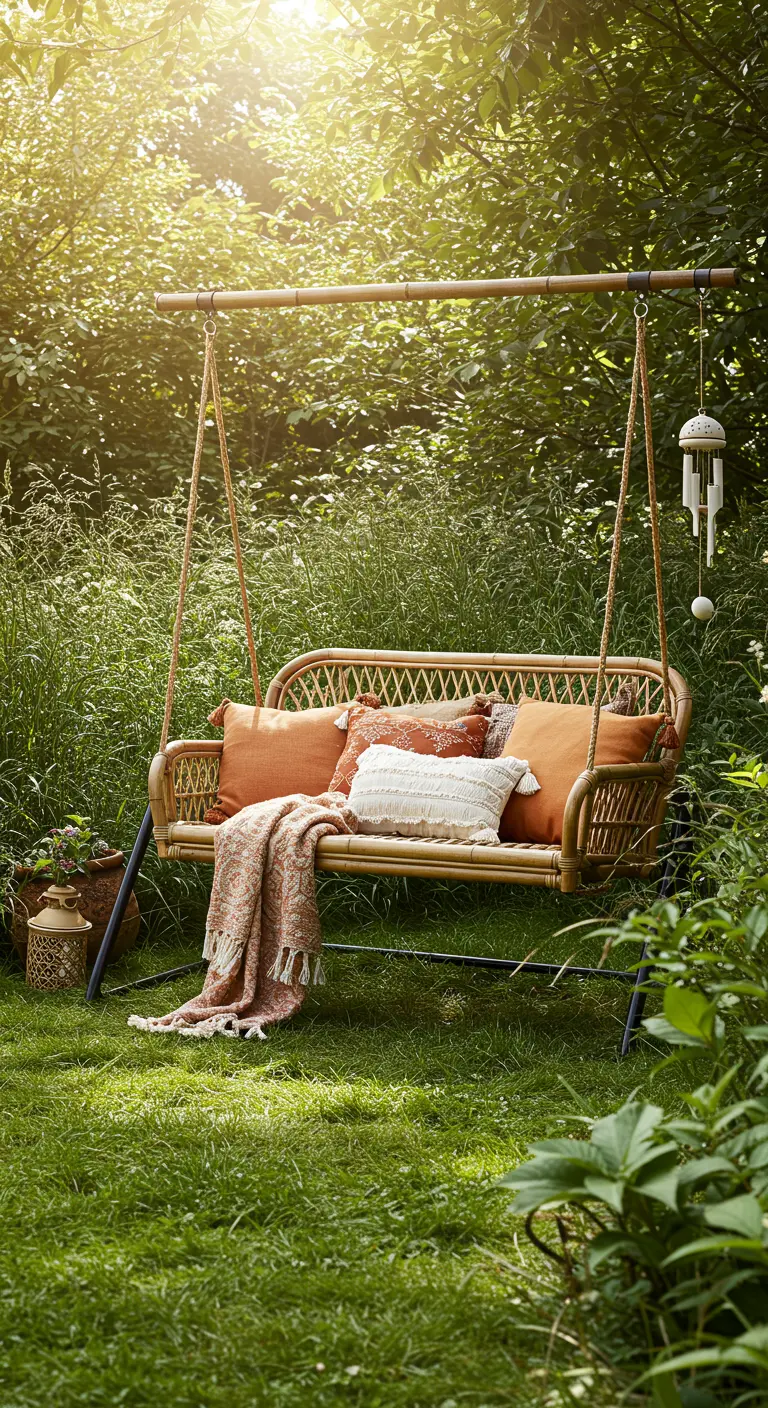 Rotan schommelbank met aardetinten kussens en plaid in een groene, weelderige tuin.