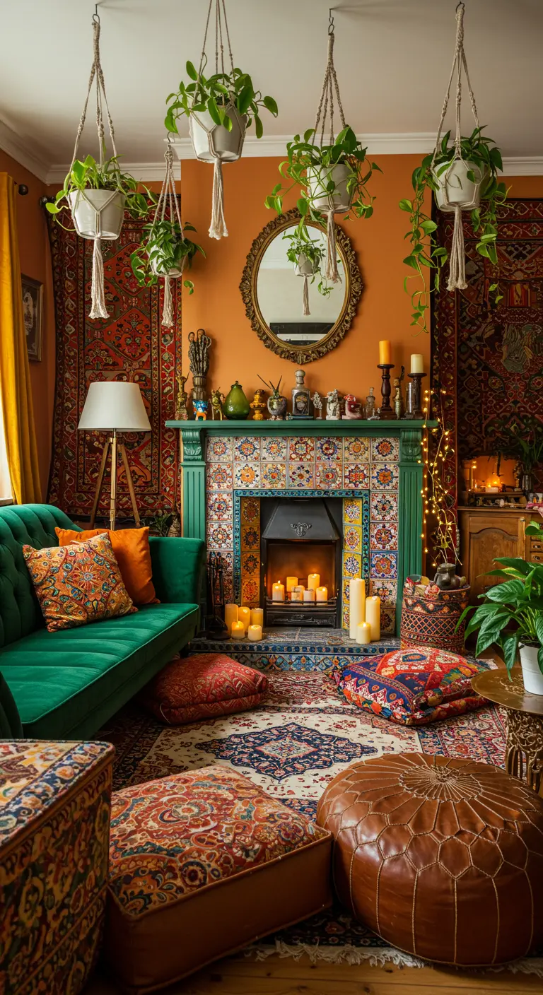 Bohemian woonkamer met kleurrijke betegelde haard, hangplanten en patronen.
