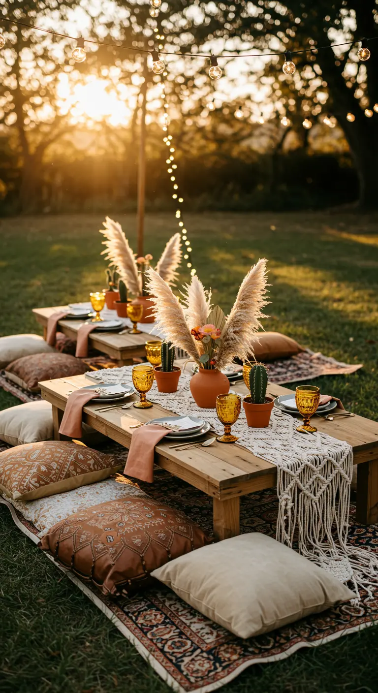 Bohemian picknicksetting met lage tafel, kussens, pampasgras en cactussen.