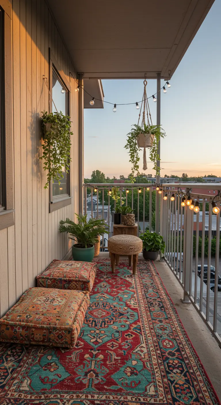 Balkon met Perzisch buitenkleed, zitkussens, lichtsnoer en hangplant.