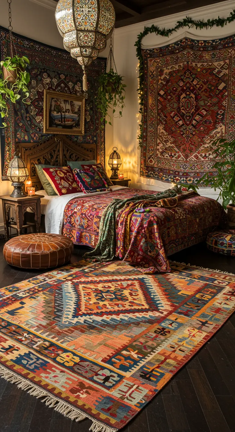 Bohemian slaapkamer met een groot, kleurrijk kelim vloerkleed en veel planten.