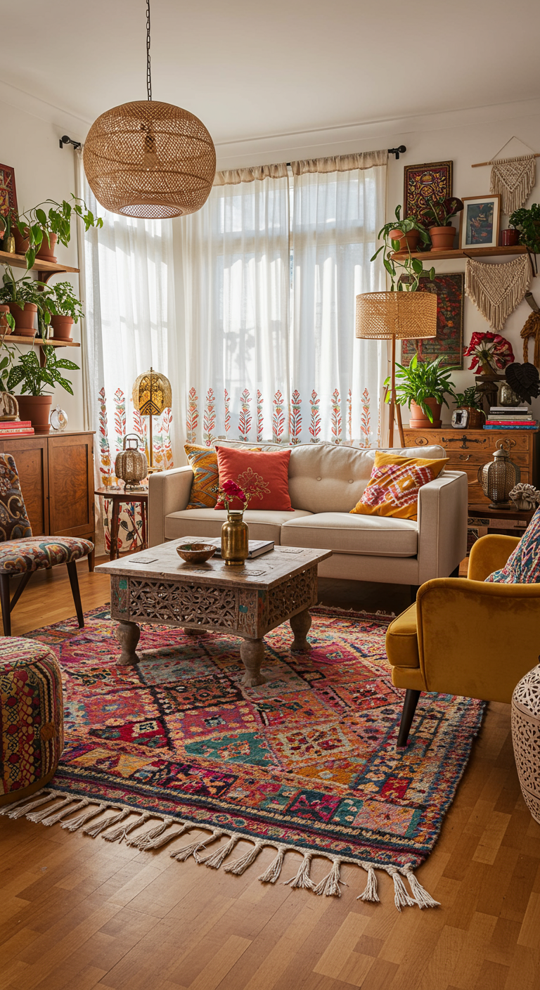 Bohemian woonkamer met een kleurrijk, gelaagd vloerkleed en veel planten.