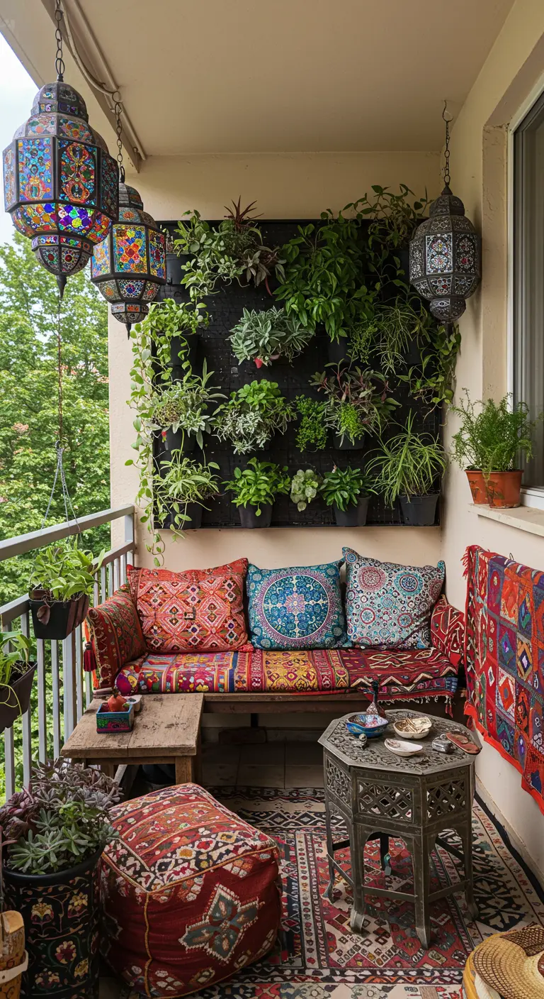 Bohemian balkon met een groene plantenwand, kleurrijke Marokkaanse lantaarns en diverse sierkussens.