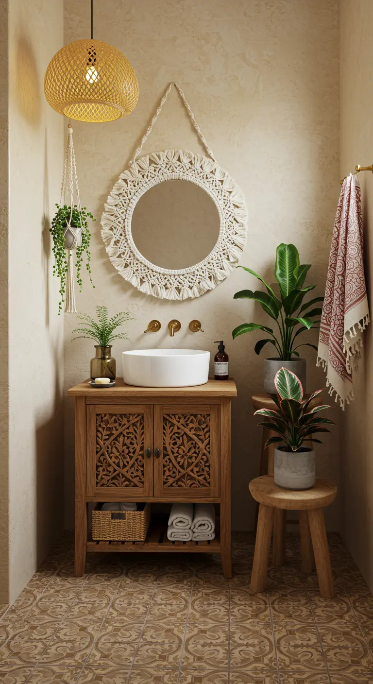 Bohemian badkamer met houten meubel, macramé spiegel en veel planten.