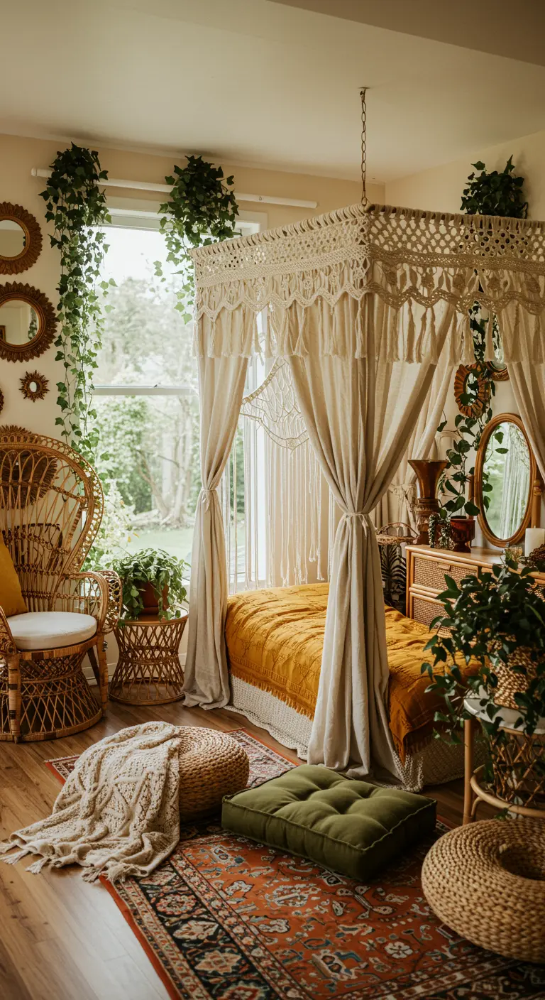 Bohemian slaapkamer met hemelbed, macramé, planten en rotan meubels.