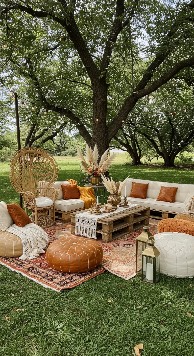 Bohemian lounge in tuin met palletbank, rotan stoel en pampasgras onder een boom.