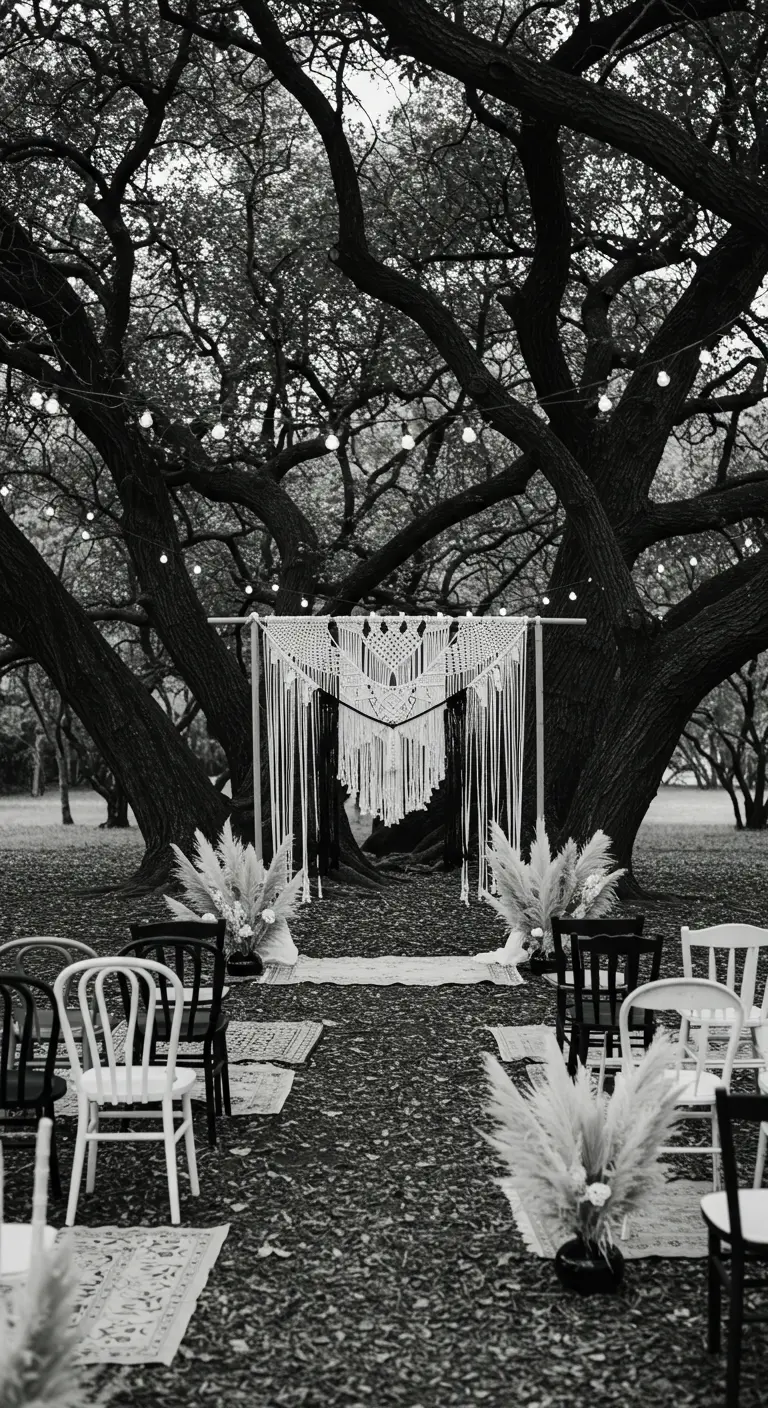 Boho zwart-wit ceremonie-opstelling buiten met macramé backdrop en pampasgras.