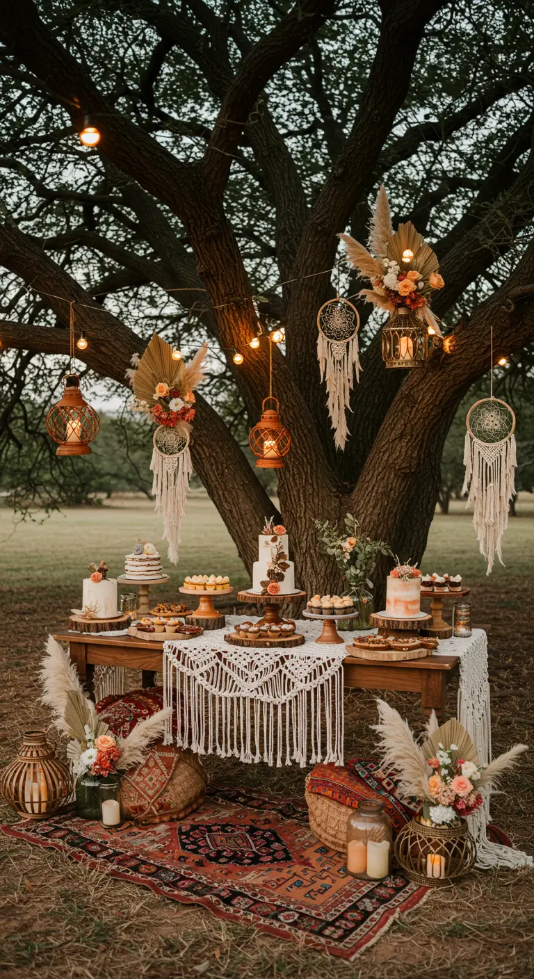 Bohemian taarttafel buiten onder een boom met dromenvangers, macramé en kleden.