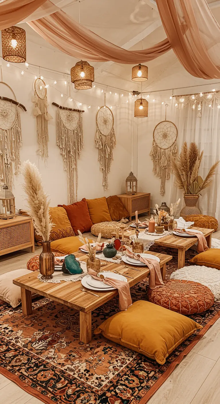 Bohemian eetsetting met lage tafels, kussens, macramé en pampasgras.
